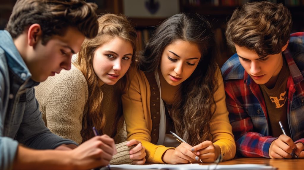 A group of friends gathered together and studying.