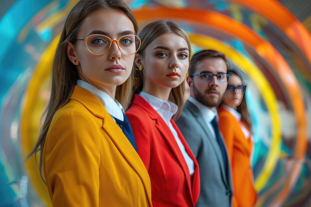 Diverse Young Professionals in Vibrant Business Attire Posing in Modern Office Environment