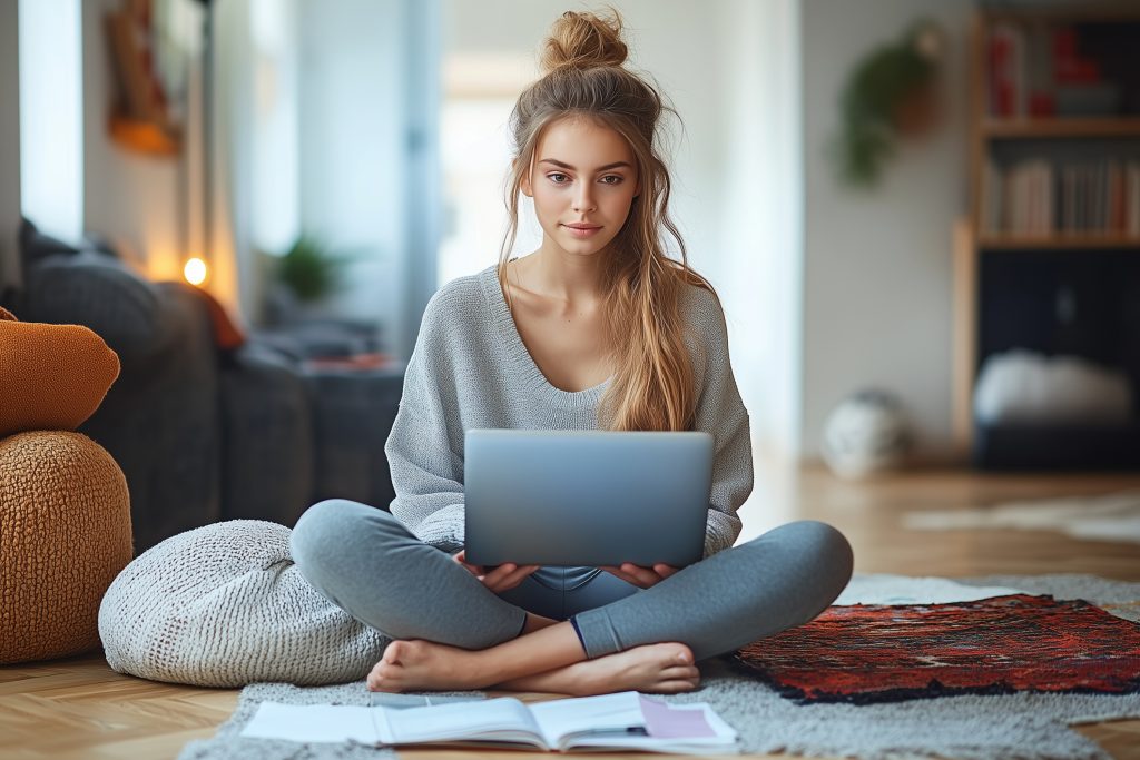 A school girl on the floor of her apartment with her laptop