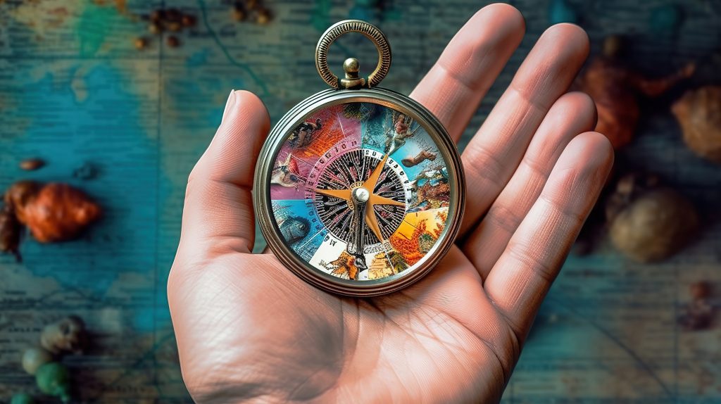 Amazing hand holding a brass compass, evoking a sense of adventure and direction